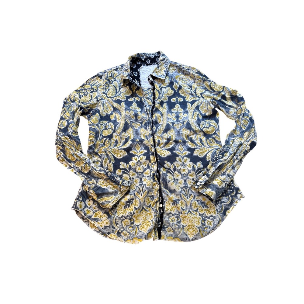 Cino Button Down Shirt Women Blue Yellow Damask Floral Boho SIZE Small